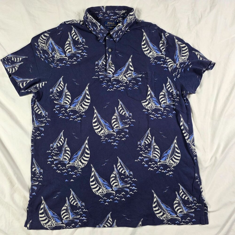 Polo Ralph Lauren Mens Size XL Blue Polo Shirt Sailboat Print Featherweight Mesh